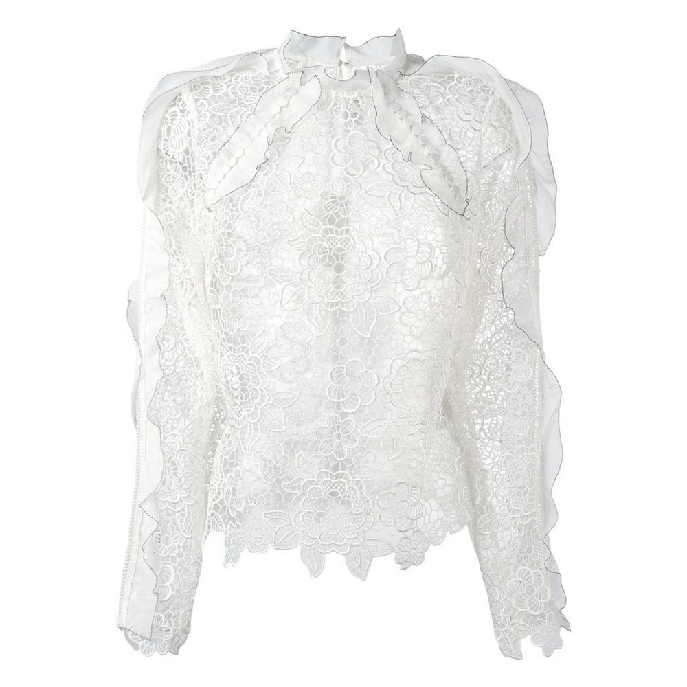 SELF-PORTRAIT White Cutout Ruffle Guipure Lace Top
